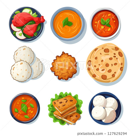 Traditional Indian food and dishes - curry, naan bread, butter chicken 127629294