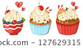 Cupcakes with whipped cream and red cherry. Portion sized, beautifully served dessert. Muffin with cream. 127629315