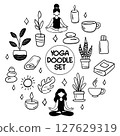 Collection of yoga, relax, meditation doodles illustrating poses and symbols for wellness enthusiasts 127629319