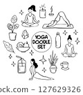Collection of yoga, relax, meditation doodles illustrating poses and symbols for wellness enthusiasts 127629326