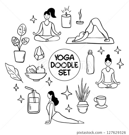 Collection of yoga, relax, meditation doodles illustrating poses and symbols for wellness enthusiasts 127629326