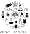 Collection of yoga, relax, meditation doodles illustrating poses and symbols for wellness enthusiasts 127629330