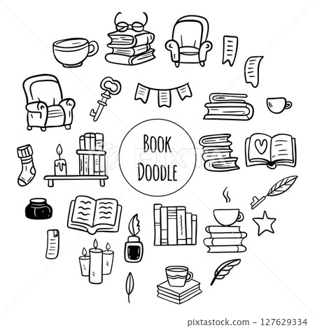 Doodle book collection. Educational illustration, books set icon. . Reading books concept. Doodle book collection. Educational illustration, books set icon. . Reading books concept. 127629334