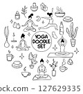 Collection of yoga, relax, meditation doodles illustrating poses and symbols for wellness enthusiasts 127629335