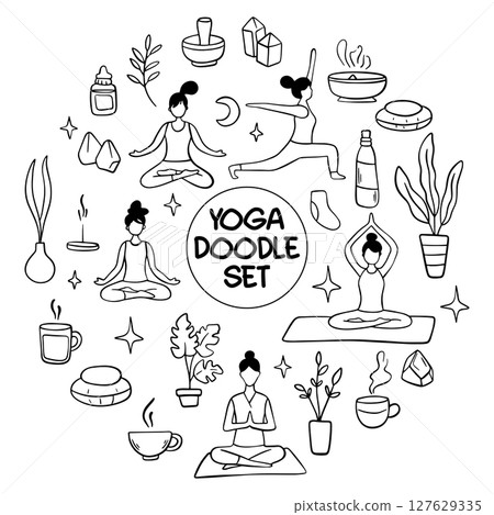 Collection of yoga, relax, meditation doodles illustrating poses and symbols for wellness enthusiasts 127629335