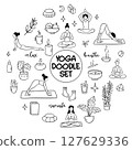Collection of yoga, relax, meditation doodles illustrating poses and symbols for wellness enthusiasts 127629336