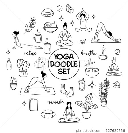 Collection of yoga, relax, meditation doodles illustrating poses and symbols for wellness enthusiasts Collection of yoga, relax, meditation doodles illustrating poses and symbols for wellness enthusiasts 127629336