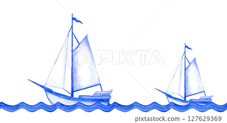 Seamless pattern featuring sailboats on the waves, done in blue and white Delftware style.Soft watercolor texture evoke classic Dutch ceramics for coasters, souvenirs, or maritime branding. 127629369