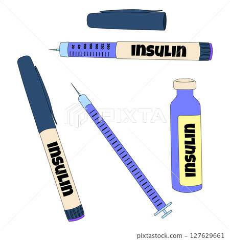 Set of insulin pens, syringe, and vial - diabetes mellitus treatment tools for blood sugar control. Flat medical illustration isolated on white background. Concept of chronic illness and healthcare. Set of insulin pens, syringe, and vial - diabetes mellitus treatment tools for blood sugar control. Flat medical illustration isolated on white background. Concept of chronic illness and healthcare. 127629661