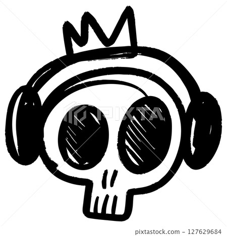 Hand-drawn black and white doodle illustration of a cartoon skull wearing headphones and a crown. This stylized vector artwork represents music, street style, and creative expression. Hand-drawn black and white doodle illustration of a cartoon skull wearing headphones and a crown. This stylized vector artwork represents music, street style, and creative expression. 127629684