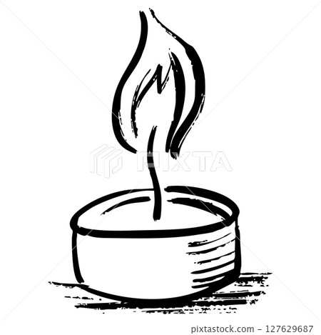 simple black and white hand drawn doodle illustration of a lit candle in a round holder. simple black and white hand drawn doodle illustration of a lit candle in a round holder. 127629687