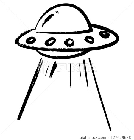 Hand Drawn Black and White UFO Illustration with Light Beam Hand Drawn Black and White UFO Illustration with Light Beam 127629688