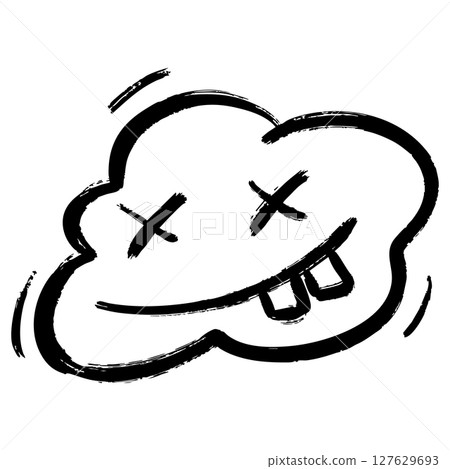 Playful black and white doodle of a cartoon cloud featuring crossed out eyes and a goofy smile with big teeth. 127629693