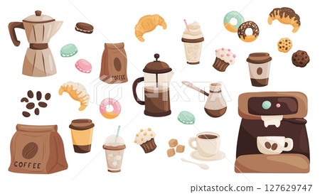 Coffee and dessert elements set in vector style-插圖素材 [127629747] - PIXTA圖庫