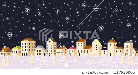Panoramic Vector Illustration Depicting a Christmas and New Year Winter Night Town Scene 127629860