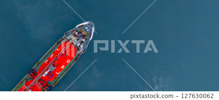 Aeiral view LPG gas tanker ship on deep blue sea, Global business freight shipping import export logistic transportation oil and gas product tanker ship, Liquefied Petroleum Gas LPG tanker ship in 127630062