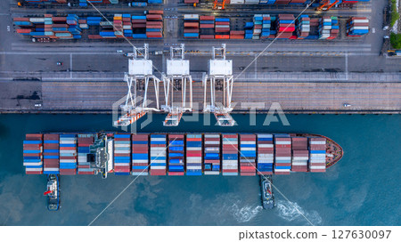 Aerial view container cargo ship freight shipping international, Global business freight shipping import export logistic transportation container ship, Container cargo ship sea freight container ship. Aerial view container cargo ship freight shipping international, Global business freight shipping import export logistic transportation container ship, Container cargo ship sea freight container ship. 127630097