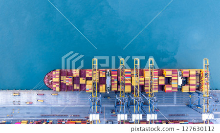 Aerial view container cargo ship freight shipping international, Global business freight shipping import export logistic transportation container ship, Container cargo ship sea freight container ship. Aerial view container cargo ship freight shipping international, Global business freight shipping import export logistic transportation container ship, Container cargo ship sea freight container ship. 127630112