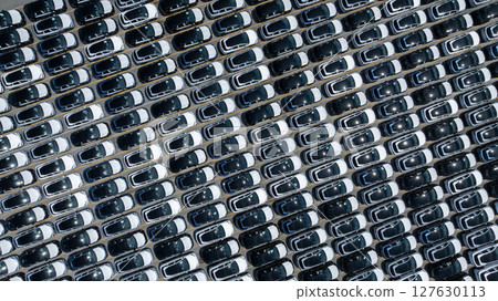 Aerial view of new ev cars stock at ro ro terminal international port, Aerial view of new ev cars stock at ro ro terminal international port, 127630113
