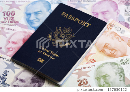 American passport on Turkish Lira 127630122
