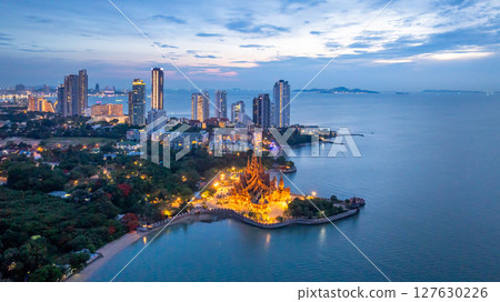Aerial view Sanctuary of Truth wooden temple, Sanctuary of Truth wooden temple at night, Pattaya City, Chonburi, Thailand, The Sanctuary of Truth wooden temple construction, Naklua, Pattaya City. 127630226