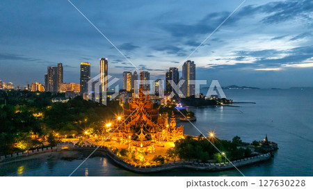 Aerial view Sanctuary of Truth wooden temple in Pattaya City, Thailand, Sanctuary of Truth wooden temple at night, Pattaya City, Chonburi, Thailand, The Sanctuary of Truth wooden temple construction, Aerial view Sanctuary of Truth wooden temple in Pattaya City, Thailand, Sanctuary of Truth wooden temple at night, Pattaya City, Chonburi, Thailand, The Sanctuary of Truth wooden temple construction, 127630228