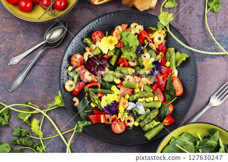 Shrimp Salad Bowl with Fresh Greens and Vegetables. 127630247