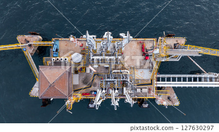 Aerial view industrial offshore oil gas terminal tanker ship, Global energy supply chain marine logistic transportation infrastructure, Oil gas industrial terminal tanker ship energy logistic industry 127630297