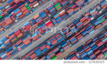 Aerial view global business logistic transportation container cargo international terminal port, Container cargo industrial import export port by container cargo ship, Sea freight shipping container. 127630325