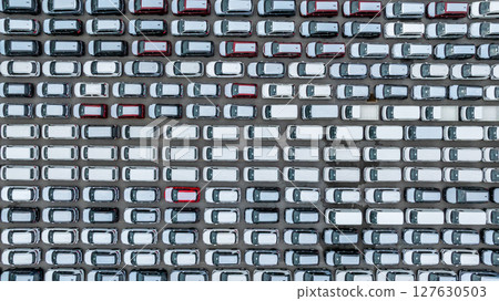 Aerial view new cars global business logistic import export transportation, New cars dealer inventory import export business logistic, New cars parking for sale automobile automotive industry business 127630503
