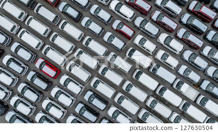 Aerial view new cars global business logistic import export transportation, New cars dealer inventory import export business logistic, New cars parking for sale automobile automotive industry business Aerial view new cars global business logistic import export transportation, New cars dealer inventory import export business logistic, New cars parking for sale automobile automotive industry business 127630504