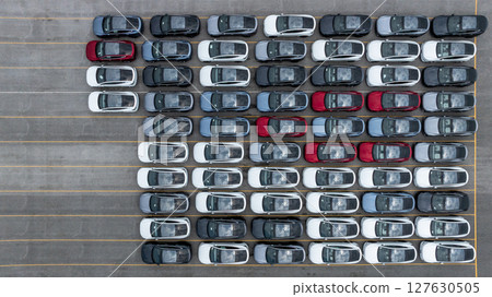Aerial view new cars global business logistic import export transportation, New cars dealer inventory import export business logistic, New cars parking for sale automobile automotive industry business 127630505