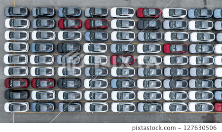 Aerial view new cars global business logistic import export transportation, New cars dealer inventory import export business logistic, New cars parking for sale automobile automotive industry. 127630506