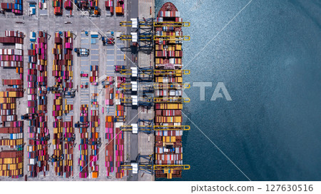 Aerial view container cargo ship freight shipping international, Global business freight shipping import export logistic transportation container ship, Container cargo ship sea freight container ship. Aerial view container cargo ship freight shipping international, Global business freight shipping import export logistic transportation container ship, Container cargo ship sea freight container ship. 127630516