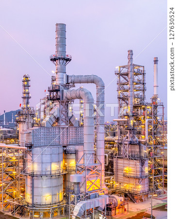 Aerial view oil and gas refinery plant at night, Global business energy logistic transportation, Oil and gas refinery petrochemical industrial, Petrochemical refinery industrial energy supply chain. 127630524