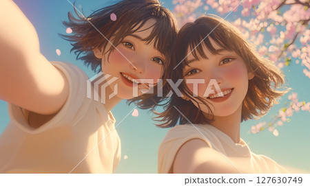 Two women taking a selfie with cherry blossoms against the backdrop of the setting sun 127630749