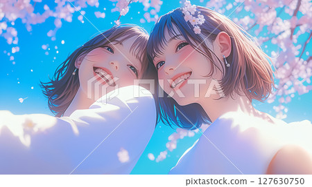 櫻花下,兩個女人緊緊地站在一起 櫻花下,兩個女人緊緊地站在一起 127630750