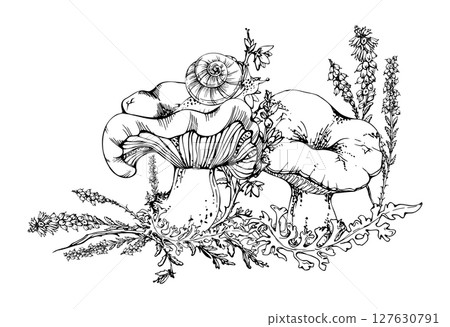 Russula webcap mushroom, snail on top, moss lichen growth, heather flowers. Nature illustration hand drawn in vector ink. Woodland floor habitat scene. Forest festival posters, educational printables Russula webcap mushroom, snail on top, moss lichen growth, heather flowers. Nature illustration hand drawn in vector ink. Woodland floor habitat scene. Forest festival posters, educational printables 127630791