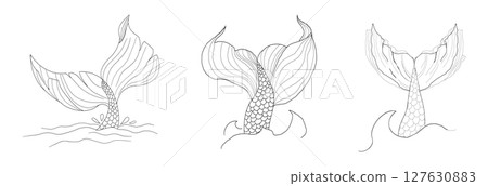 Hand-drawn mermaid tail illustration with wave lines and fantasy elements set. Tattoo-style black outline for sea-inspired, feminine, or mythological vector projects. Hand-drawn mermaid tail illustration with wave lines and fantasy elements set. Tattoo-style black outline for sea-inspired, feminine, or mythological vector projects. 127630883