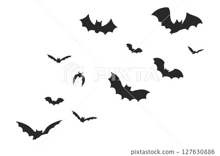 Halloween bat swarm silhouette set. Gothic black bats in flight, cartoon style. Scary vector element for vampire themes, October party decor, or horror designs. Halloween bat swarm silhouette set. Gothic black bats in flight, cartoon style. Scary vector element for vampire themes, October party decor, or horror designs. 127630886