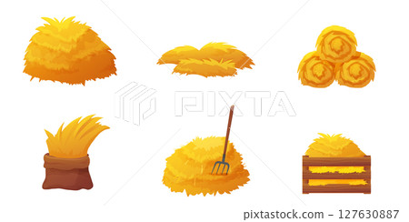 Dry straw, haystacks, and field bales. Isolated yellow fodder piles and grass bundles for farming, cow feed, and rustic harvest scenes. Realistic and cartoon mix. Dry straw, haystacks, and field bales. Isolated yellow fodder piles and grass bundles for farming, cow feed, and rustic harvest scenes. Realistic and cartoon mix. 127630887