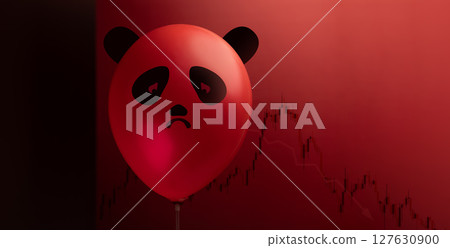 A sad panda balloon floats before a falling downward red stock graph, representing China declining economy, Business Slowdown and investment concerns 127630900