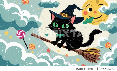 Cute black witch cat flying on a broomstick with candy and stars in a magical Halloween sky illustration 127630920