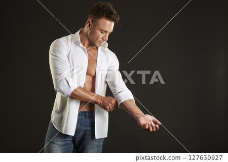 male model - fitness addicted shot in studio background 127630927
