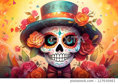 Dia de los Muertos, Day of the Dead, cute Skull personage watercolor colorful illustration, bright background, super detailed. Halloween 127630981