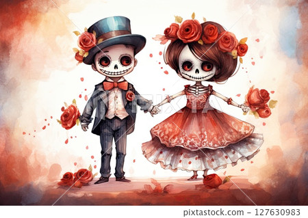 Cute dancing and holding hands Dia de los Muertos personages, watercolor illustration. Day of The Dead. Halloween 127630983
