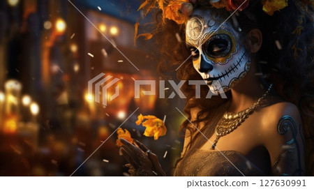 Dia de los Muertos celebration, photorealistic Calavera Catrina with sugar skull makeup. Day of The Dead. Halloween 127630991