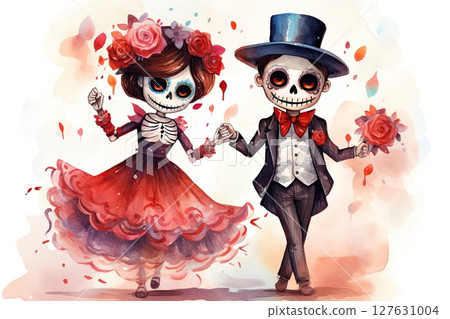 Cute dancing and holding hands Dia de los Muertos personages, watercolor illustration. Day of The Dead. Halloween 127631004