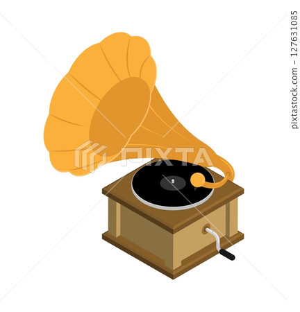 Isometric Classic gramophone, old device for playing sound recordings. Large metal horn and base, rotating platform for vinyl. Realistic 3D vector concept isolated on white background 127631085