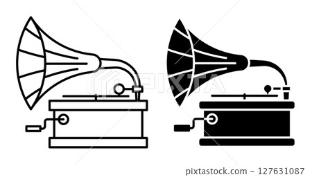 Linear icon. Classic gramophone, old mechanical device for playing sound recordings. Large metal horn and base, rotating platform for vinyl. Simple black and white vector isolated on white background 127631087